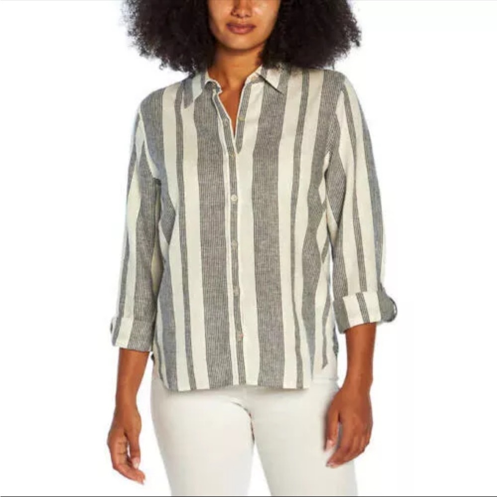 NWT- Orvis Linen Blue strip Blouse sz. S